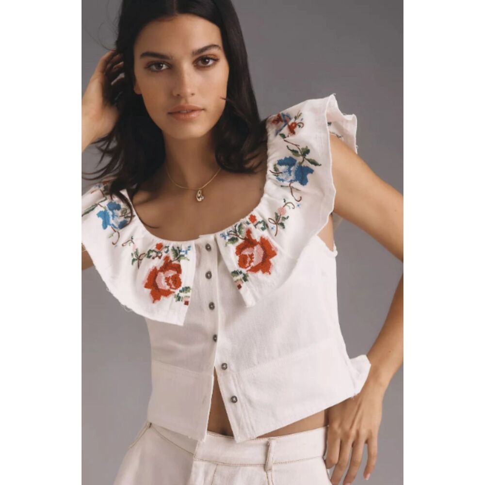 Pilcro by Anthropologie Ruffle Collar Embroidered Top XXS Feminine Boho Cottage